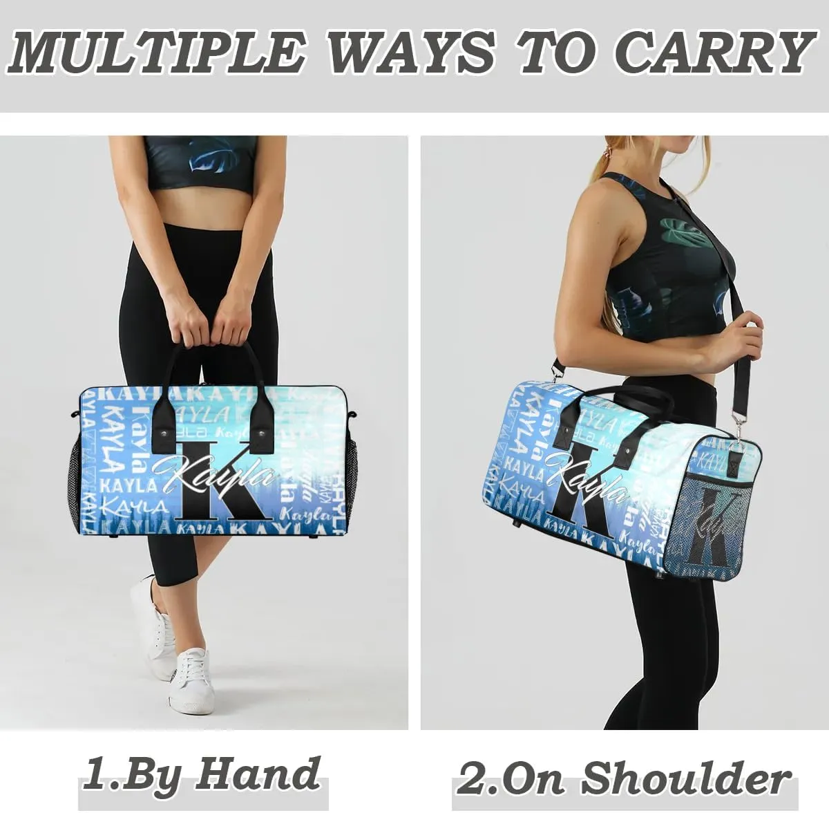 Custom Travel Bag, Personalized Duffle Bag with Initials Name, Sports Dance Gym Tote Bags Weekender Overnight Bag for Women Men, Gradient Blue