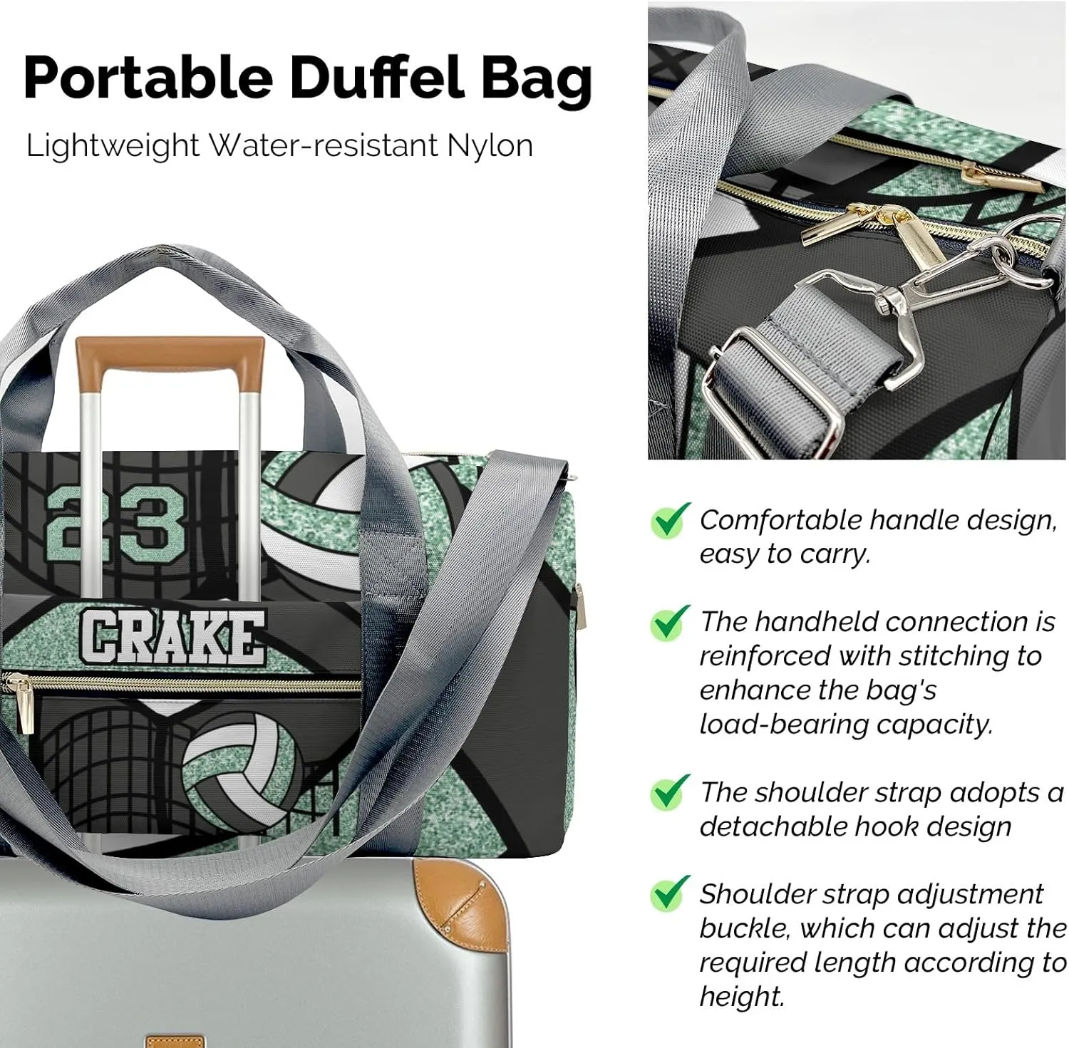 Custon Name Volleyball Glitter Mint Gym Sport Yoga Duffel Bag Sport Player Travel Bag,Sport Gym Bag Personalized Gift for Travel Hand Bag Carry on Bag