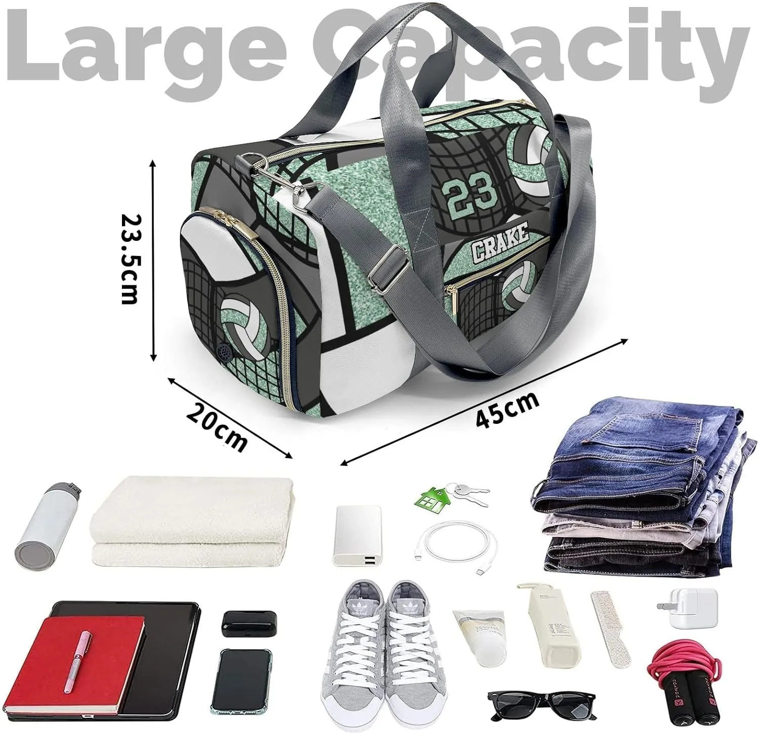 Custon Name Volleyball Glitter Mint Gym Sport Yoga Duffel Bag Sport Player Travel Bag,Sport Gym Bag Personalized Gift for Travel Hand Bag Carry on Bag