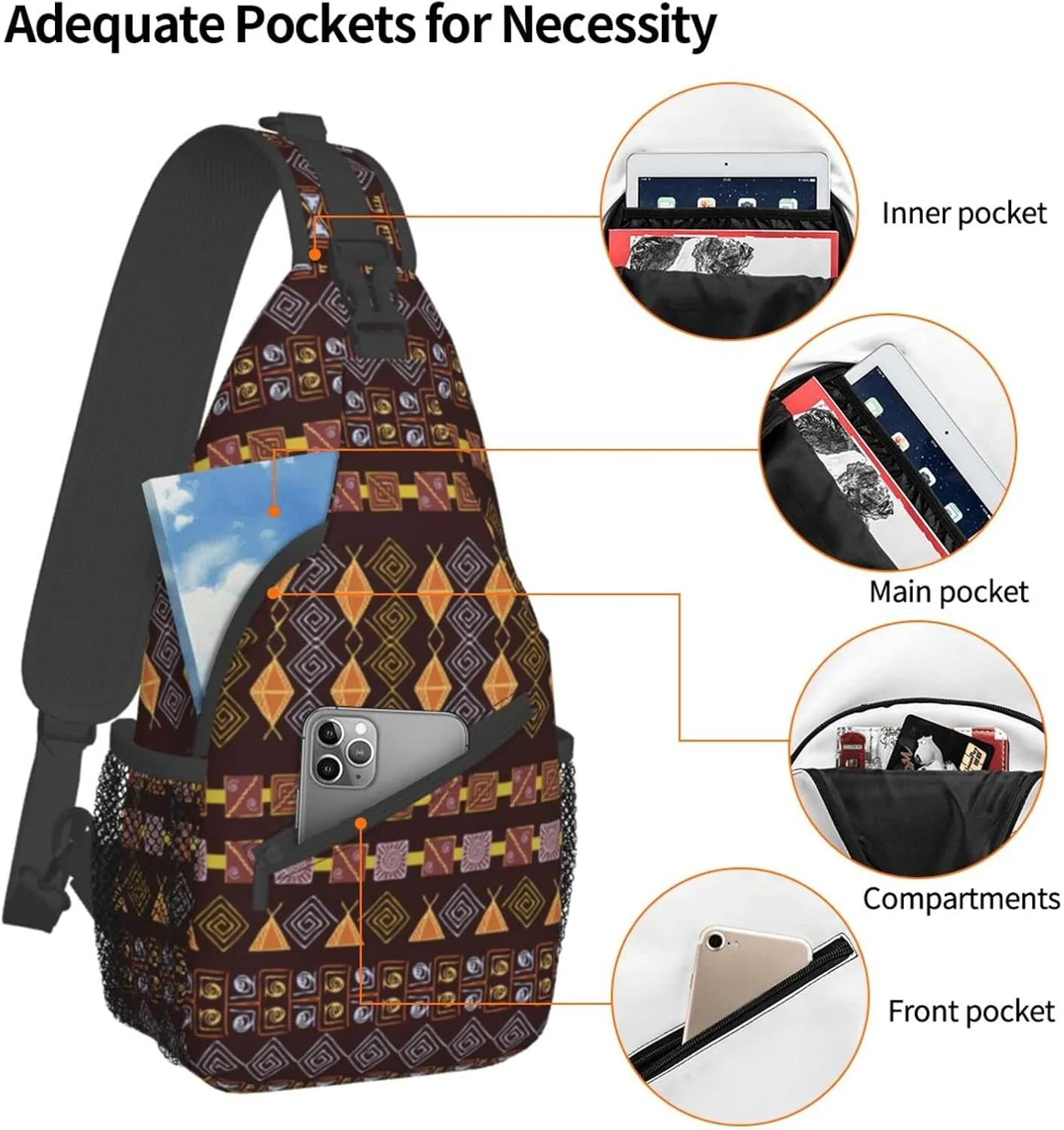 Cute African Print Sling Bag Sling Backpack Crossbody Chest Bag African Art Daypack for Hiking Travel