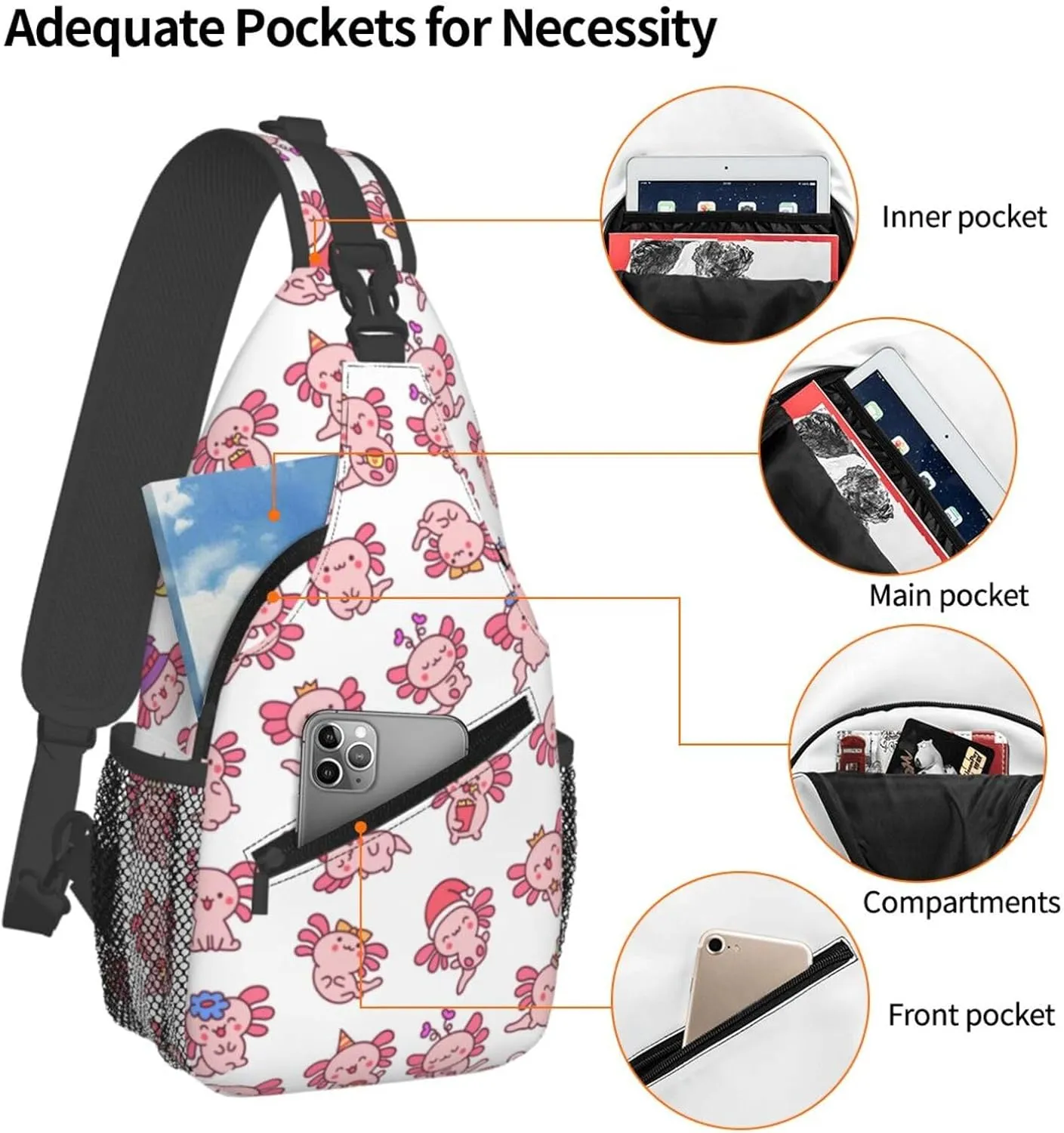 Cute Axolotl Crossbody Sling Backpack Sling Bag Adjustable Chest Shoulder Daypack For Women Men