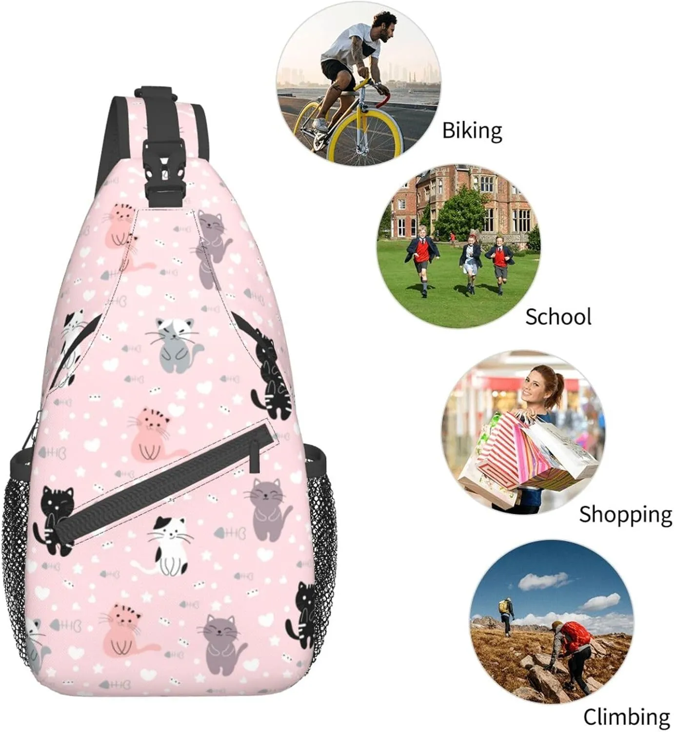 Cute Cat Cartoon Pink Sling Bag for Women Men's Crossbody Backpack Casual Hiking Daypack Shoulder Chest Bag with Adjustable Strap