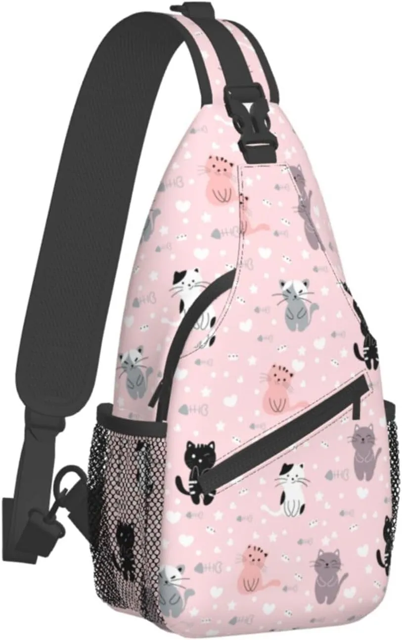 Cute Cat Cartoon Pink Sling Bag for Women Men's Crossbody Backpack Casual Hiking Daypack Shoulder Chest Bag with Adjustable Strap