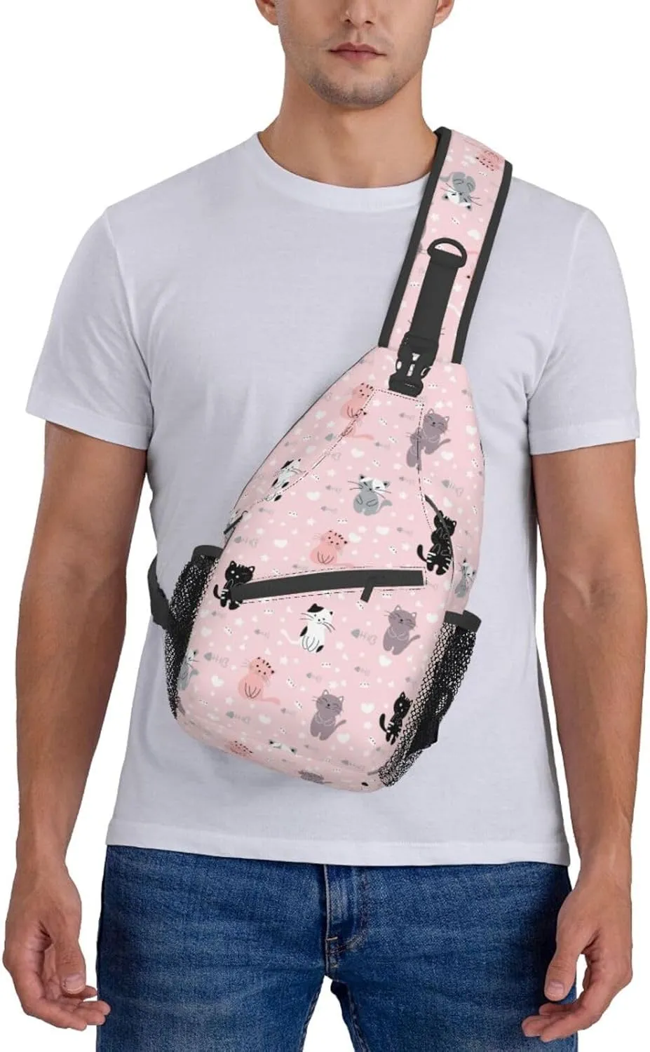 Cute Cat Cartoon Pink Sling Bag for Women Men's Crossbody Backpack Casual Hiking Daypack Shoulder Chest Bag with Adjustable Strap