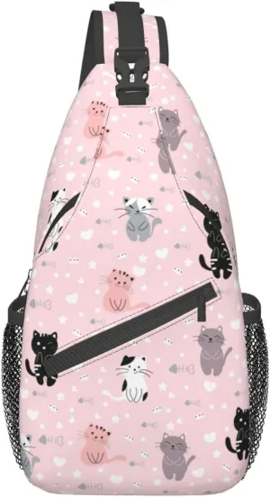 Cute Cat Cartoon Pink Sling Bag for Women Men's Crossbody Backpack Casual Hiking Daypack Shoulder Chest Bag with Adjustable Strap