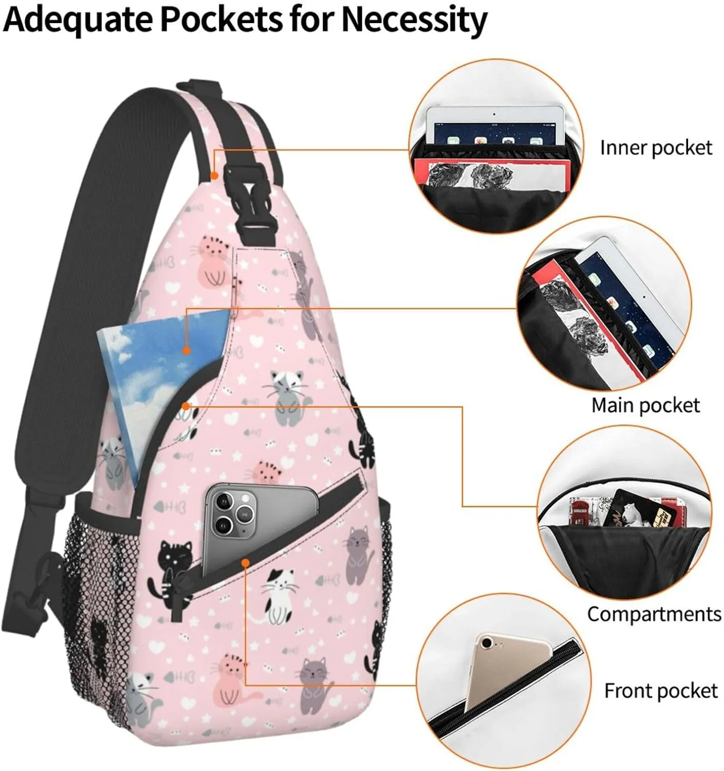 Cute Cat Cartoon Pink Sling Bag for Women Men's Crossbody Backpack Casual Hiking Daypack Shoulder Chest Bag with Adjustable Strap