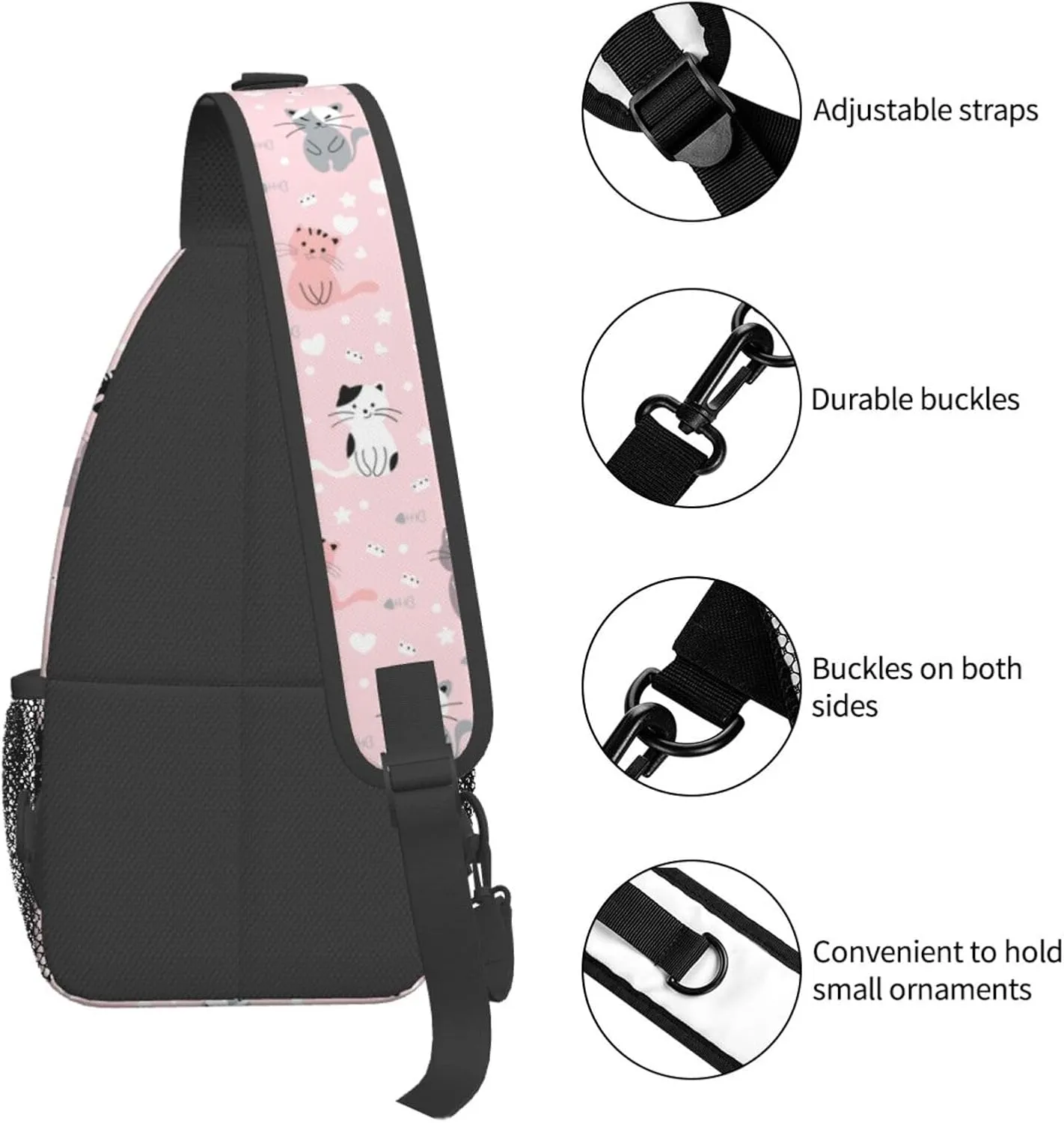 Cute Cat Cartoon Pink Sling Bag for Women Men's Crossbody Backpack Casual Hiking Daypack Shoulder Chest Bag with Adjustable Strap