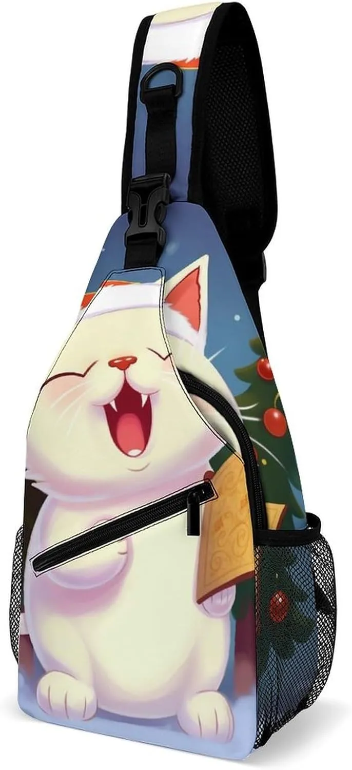 Cute Cat Sing Christmas Carols Sling Bag Sport Backpack Hiking Daypack Casual Chest Packs Crossbody Bag for Men Women