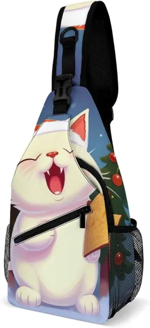 Cute Cat Sing Christmas Carols Sling Bag Sport Backpack Hiking Daypack Casual Chest Packs Crossbody Bag for Men Women