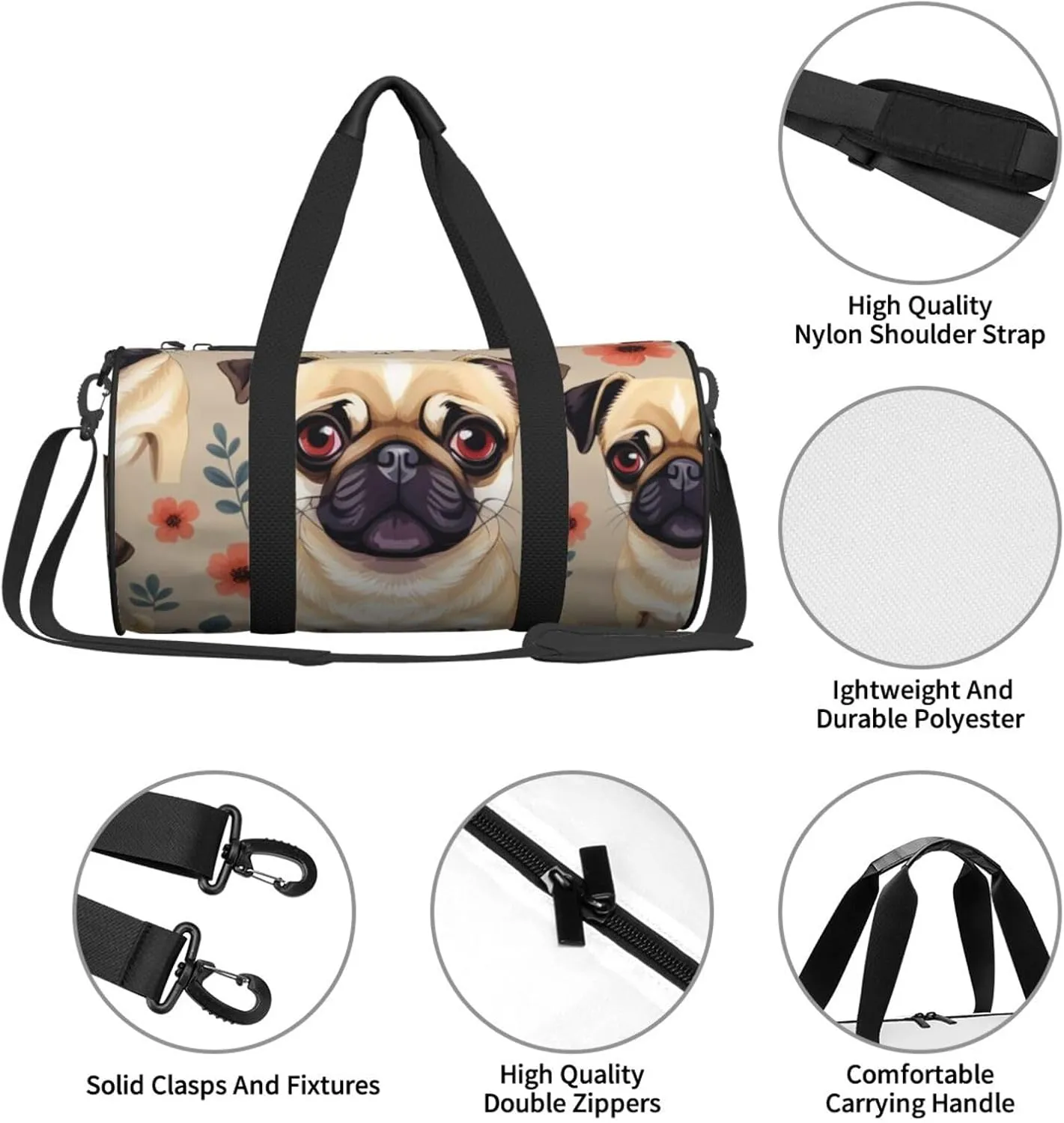 Cute Chihuahua Pug Pattern Printed Travel Bag,Round Personal Item Storage bag,Foldie Duffel Bag for Traveling Vacation,Fitness,Sports