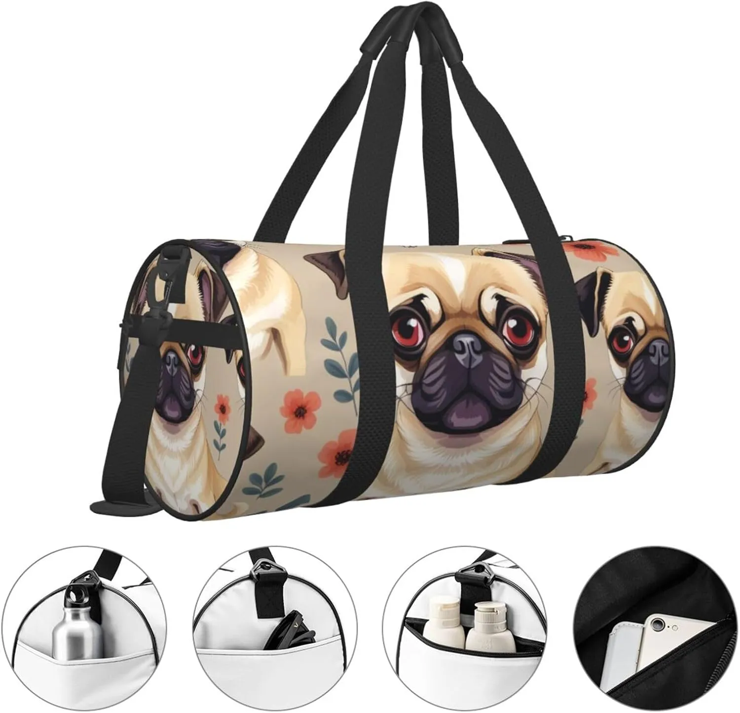 Cute Chihuahua Pug Pattern Printed Travel Bag,Round Personal Item Storage bag,Foldie Duffel Bag for Traveling Vacation,Fitness,Sports