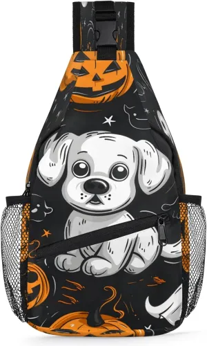 Cute Dog Watercolour Pumpkin Lamp Sling Bag for Women Men Crossbody Sling Backpack Anti Thief Travel Chest Backpack for Hiking Traveling Leisure
