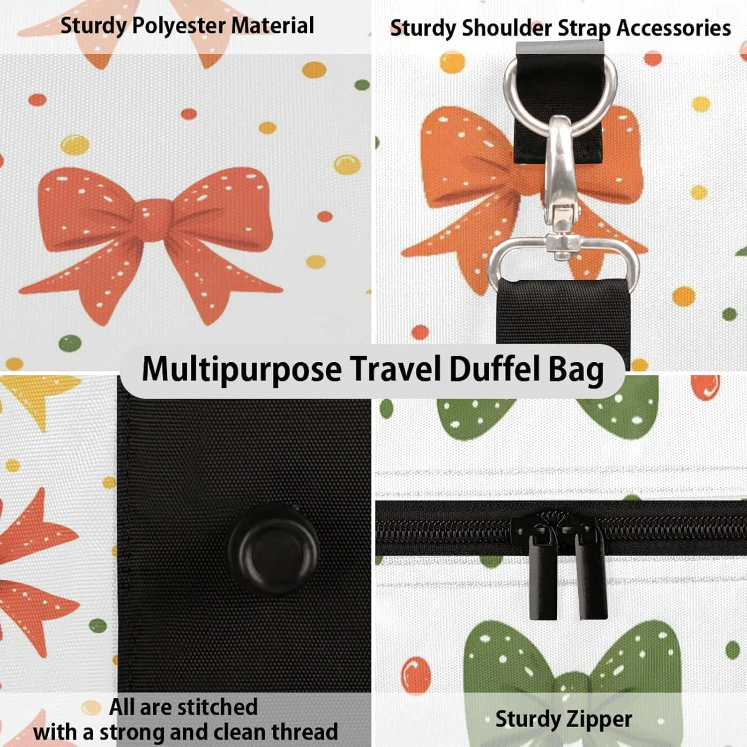Cute Duffle Bag for Travel, Overnight Weekend Gym Carry On Luggage Bag, Colorful Bow Travel Duffel Bag for Men Women