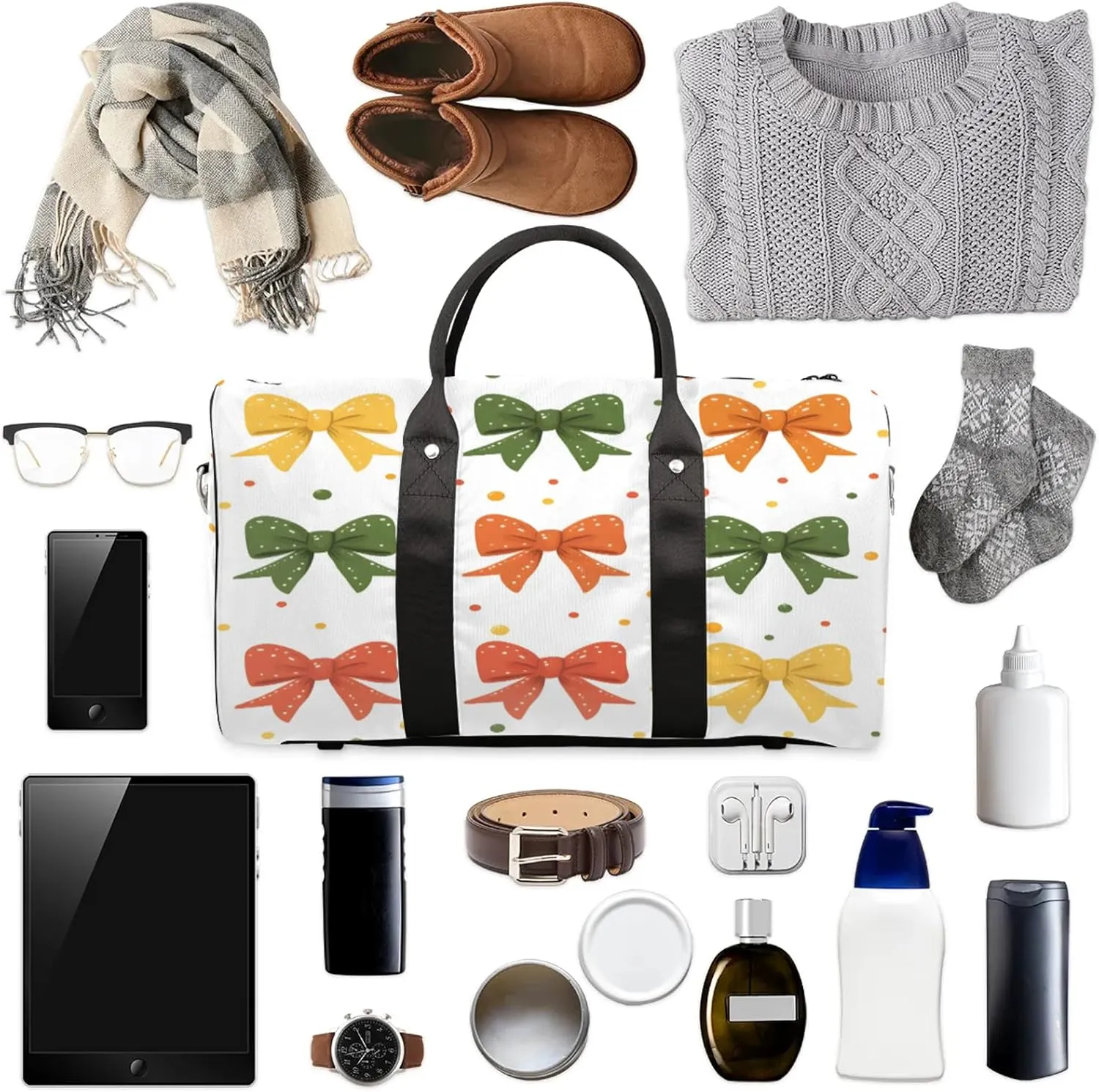 Cute Duffle Bag for Travel, Overnight Weekend Gym Carry On Luggage Bag, Colorful Bow Travel Duffel Bag for Men Women