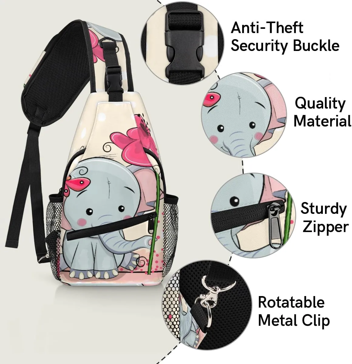 Cute Elephant Flower Sling Bag for Women Men Crossbody Sling Backpack Shoulder Bag Chest Bag Daypack for Travel Hiking Outdoor