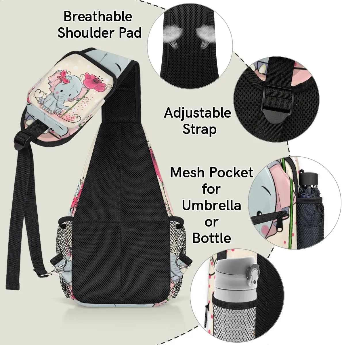 Cute Elephant Flower Sling Bag for Women Men Crossbody Sling Backpack Shoulder Bag Chest Bag Daypack for Travel Hiking Outdoor
