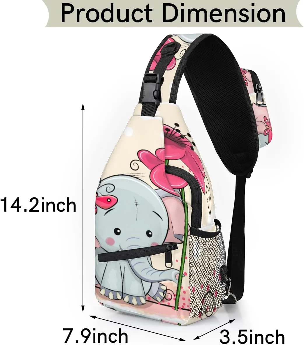 Cute Elephant Flower Sling Bag for Women Men Crossbody Sling Backpack Shoulder Bag Chest Bag Daypack for Travel Hiking Outdoor
