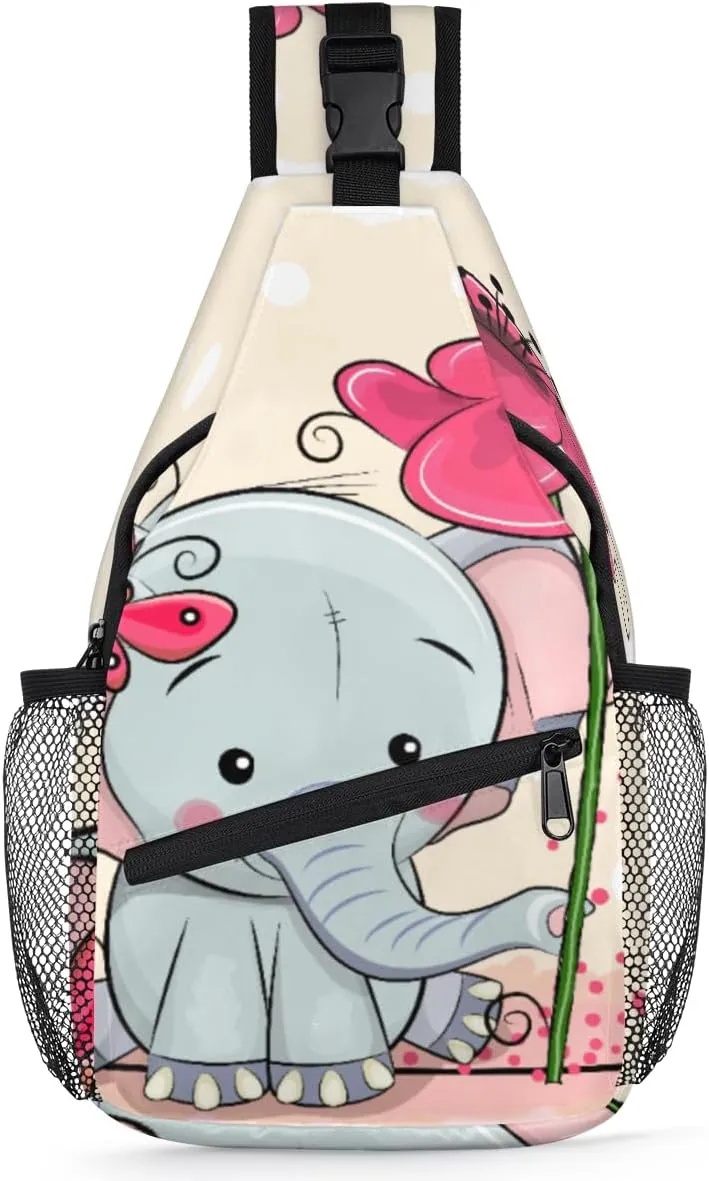 Cute Elephant Flower Sling Bag for Women Men Crossbody Sling Backpack Shoulder Bag Chest Bag Daypack for Travel Hiking Outdoor