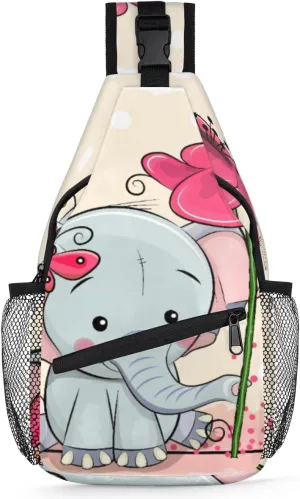 Cute Elephant Flower Sling Bag for Women Men Crossbody Sling Backpack Shoulder Bag Chest Bag Daypack for Travel Hiking Outdoor
