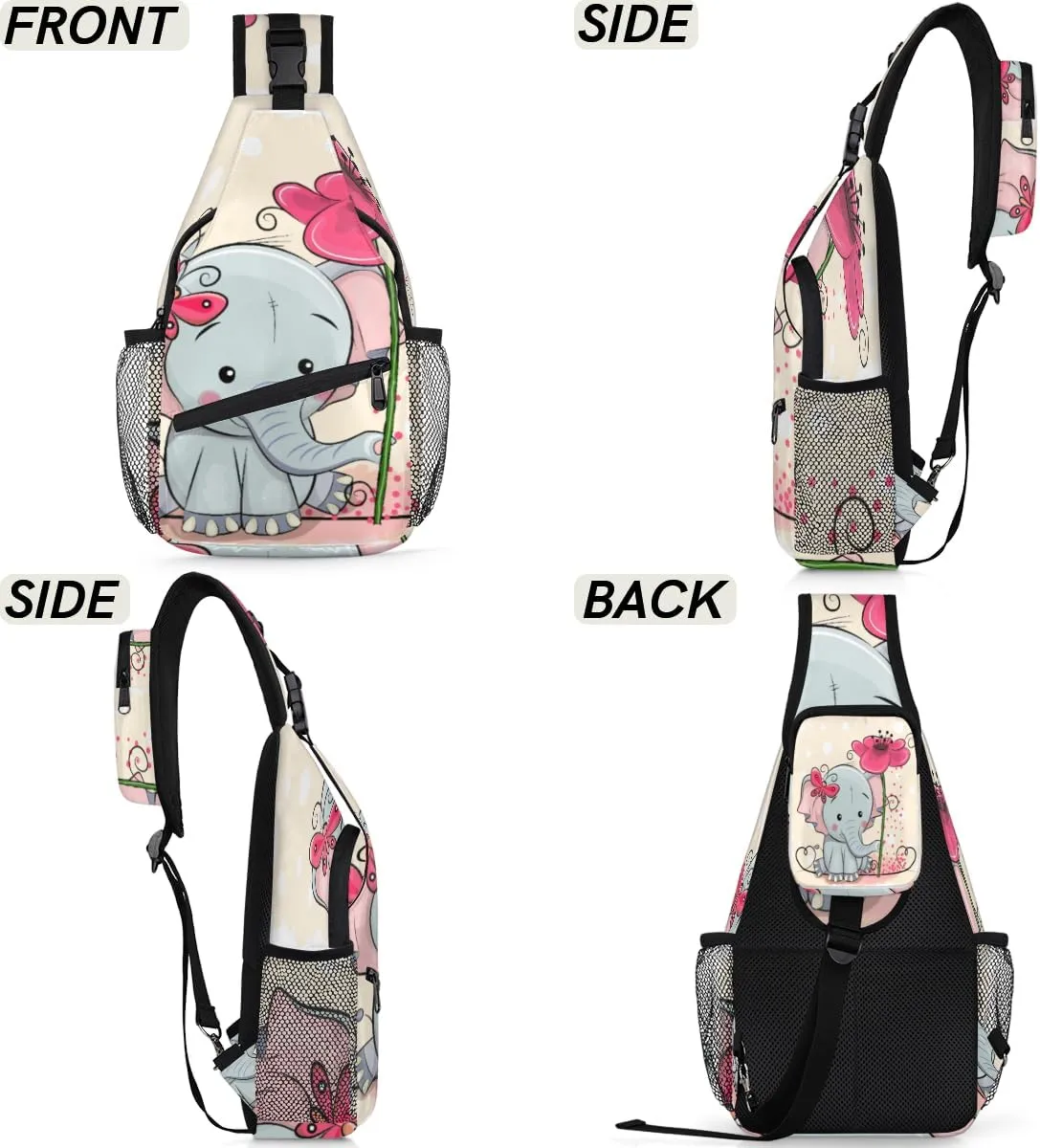 Cute Elephant Flower Sling Bag for Women Men Crossbody Sling Backpack Shoulder Bag Chest Bag Daypack for Travel Hiking Outdoor