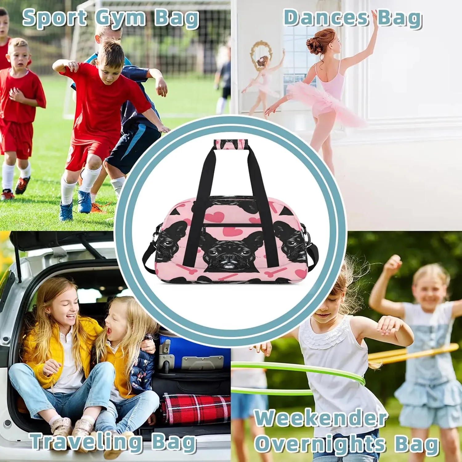 Cute French Dog Small Gym Bag 18 inch Carry On Duffel Bag for Weekender Travel Sports Workout Yoga Gymnastics Dance Ballet