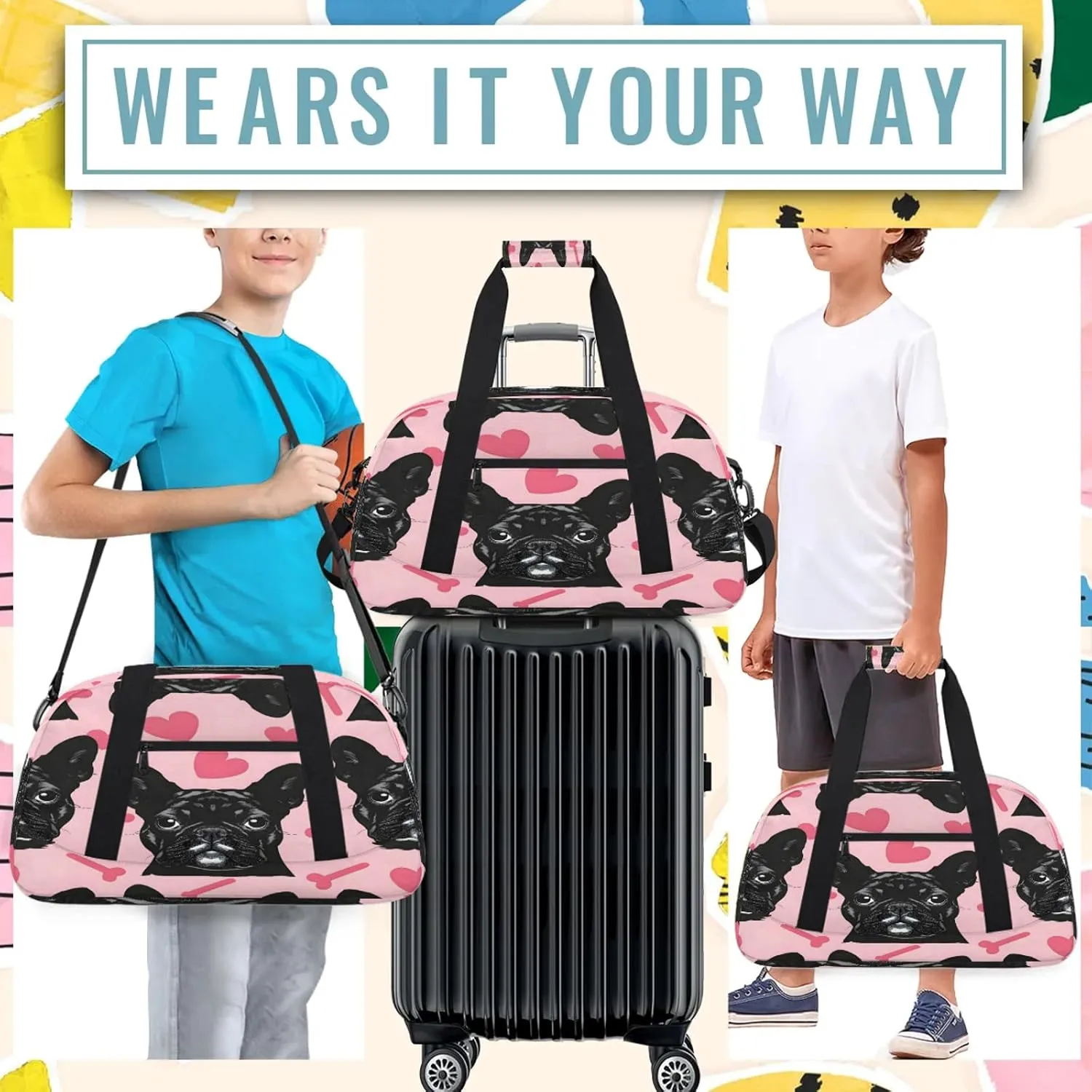 Cute French Dog Small Gym Bag 18 inch Carry On Duffel Bag for Weekender Travel Sports Workout Yoga Gymnastics Dance Ballet