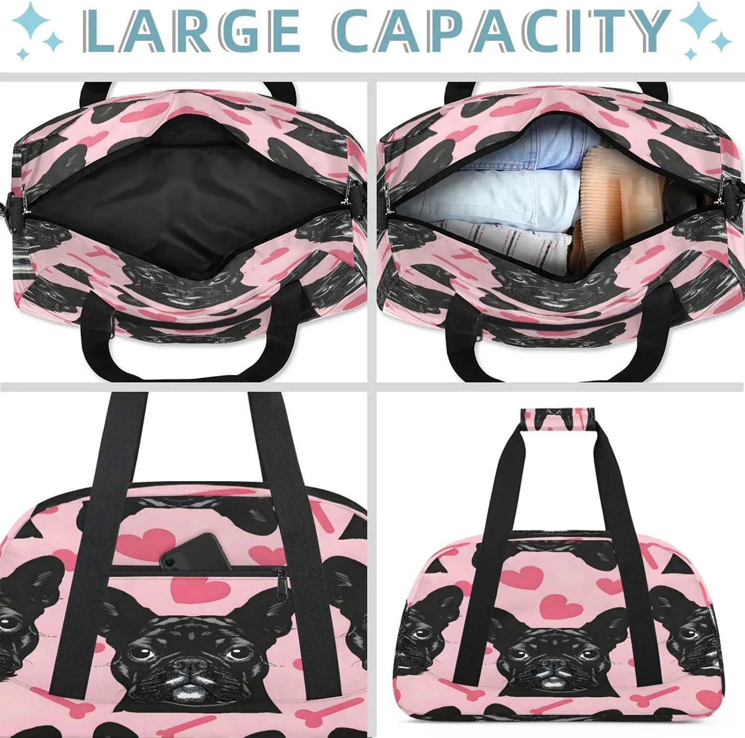 Cute French Dog Small Gym Bag 18 inch Carry On Duffel Bag for Weekender Travel Sports Workout Yoga Gymnastics Dance Ballet
