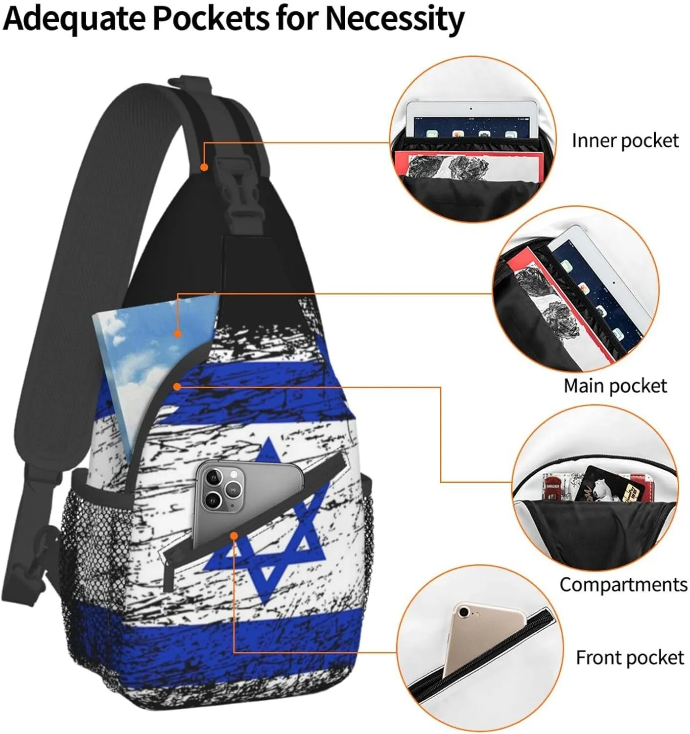 Cute Israel Flag Sling Bag, Israeli Flag Crossbody Backpack Shoulder Chest Bag for Men Women Travel Hiking Daypack
