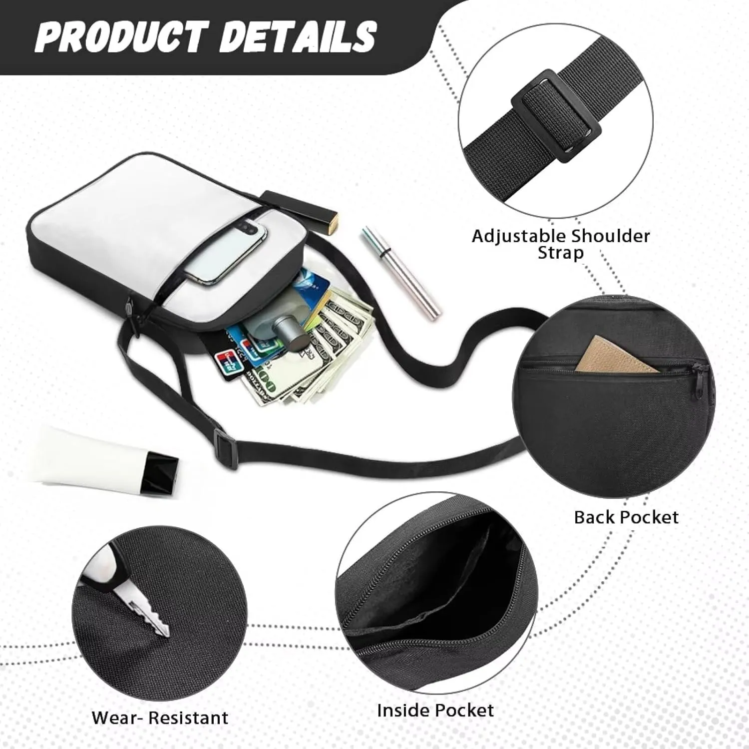 Cute Messenger Bag with Zipper and Front Pocket Sling Crossbody Shoulder Bags Adjustable Strap