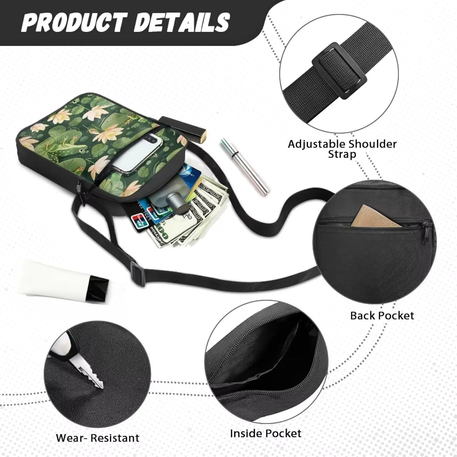 Cute Messenger Bag with Zipper and Front Pocket Sling Crossbody Shoulder Bags Adjustable Strap