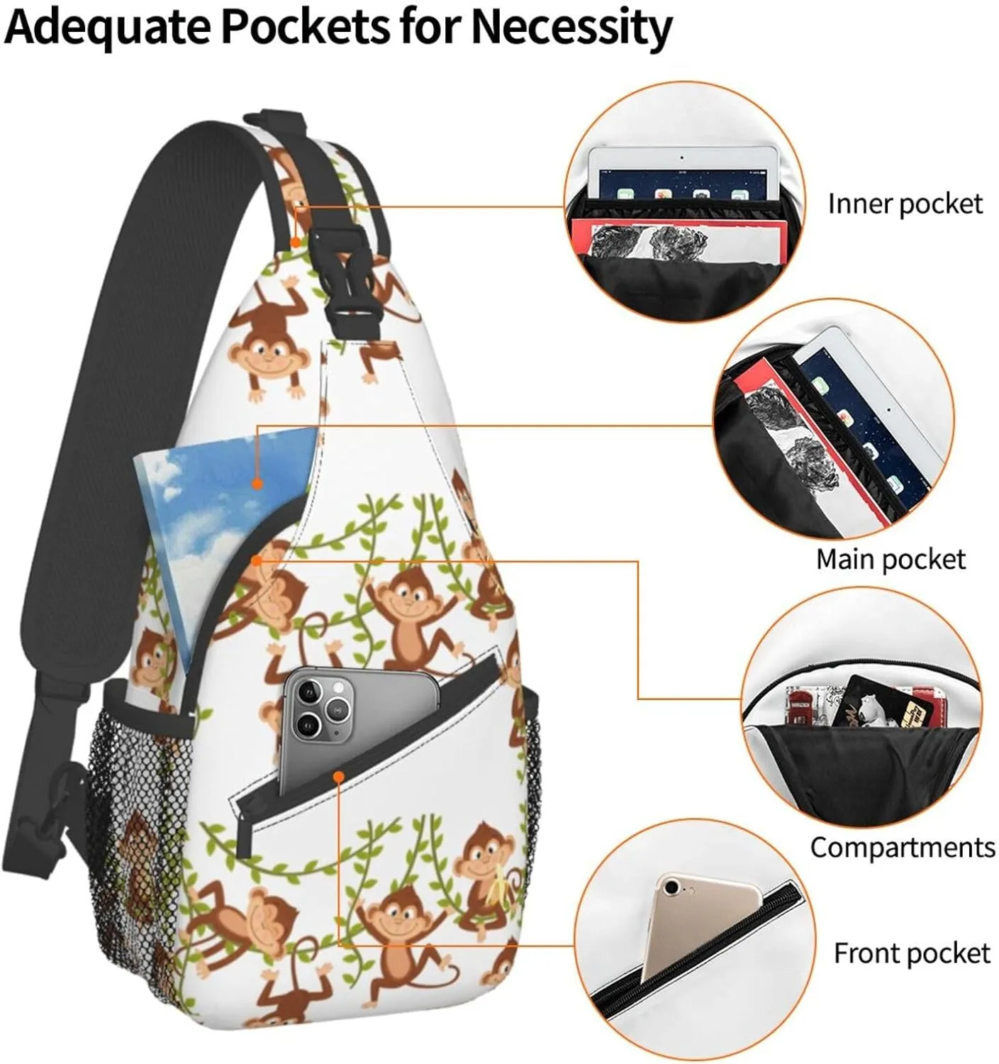 Cute Monkey Crossbody Bag Monkey Shoulder Bag Backpack Cute Sling Bag Chest Casual Daypack Animal Bag Outdoor