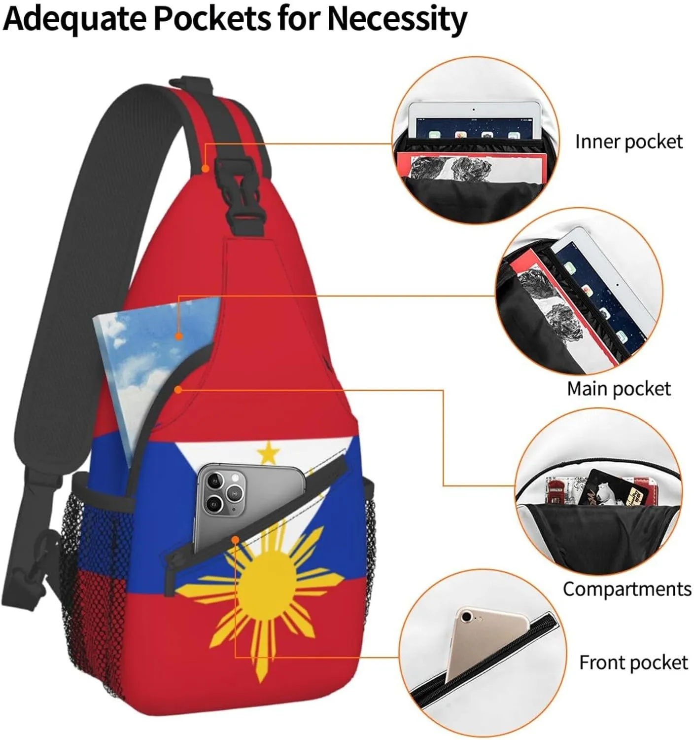 Cute Philippines Flag Crossbody Sling Backpack Sling Bag Travel Hiking Chest Bag Filipino Daypack for Women Men