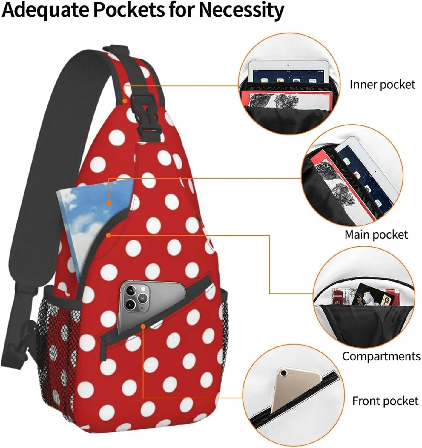 Cute Red White Polka Dots Crossbody Sling Backpack Sling Bag Travel Hiking Chest Bag Daypack for Women Men