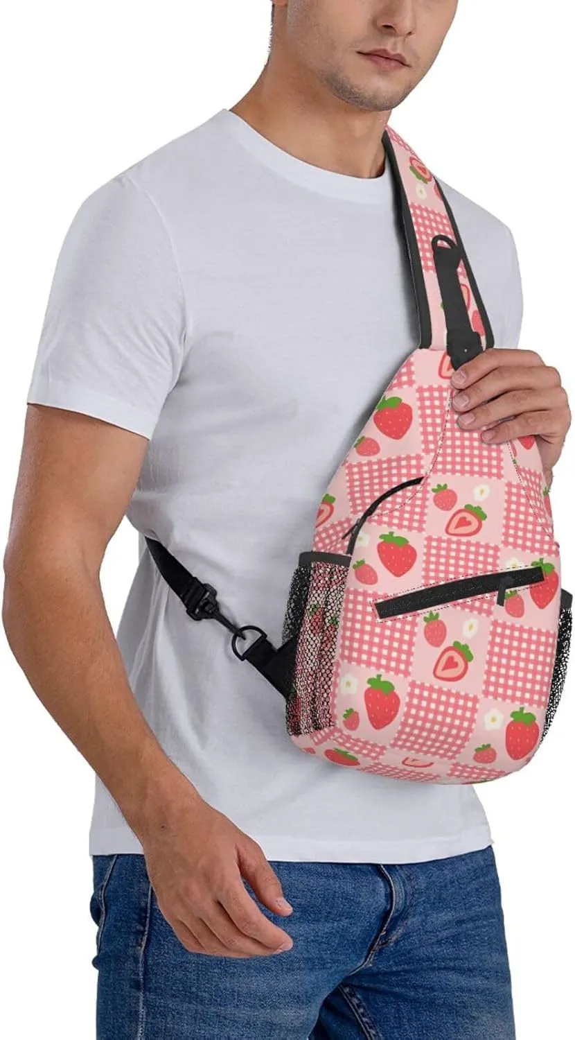 Cute Strawberry Print Sling Bags Crossbody Daypack Hiking Shoulder Strawberry Backpack for Women Men Travel Bag