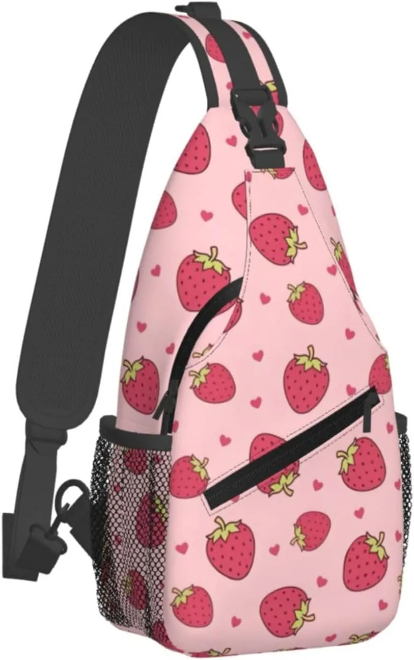 Cute Strawberry Print Sling Bags Crossbody Daypack Hiking Shoulder Strawberry Backpack for Women Men Travel Bag