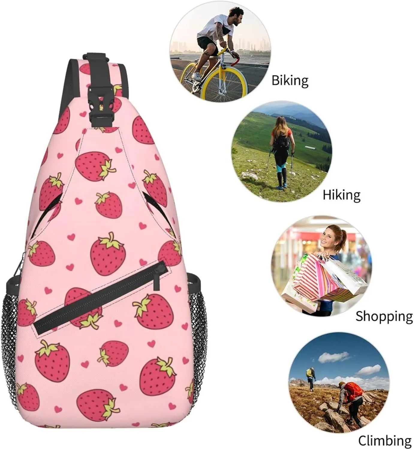 Cute Strawberry Print Sling Bags Crossbody Daypack Hiking Shoulder Strawberry Backpack for Women Men Travel Bag
