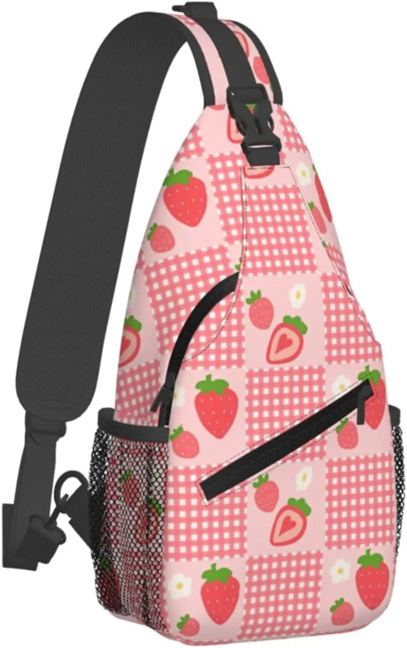 Cute Strawberry Print Sling Bags Crossbody Daypack Hiking Shoulder Strawberry Backpack for Women Men Travel Bag