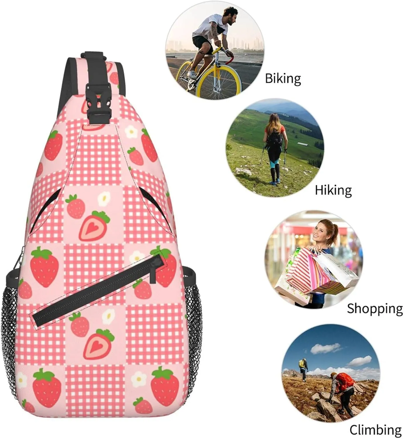 Cute Strawberry Print Sling Bags Crossbody Daypack Hiking Shoulder Strawberry Backpack for Women Men Travel Bag