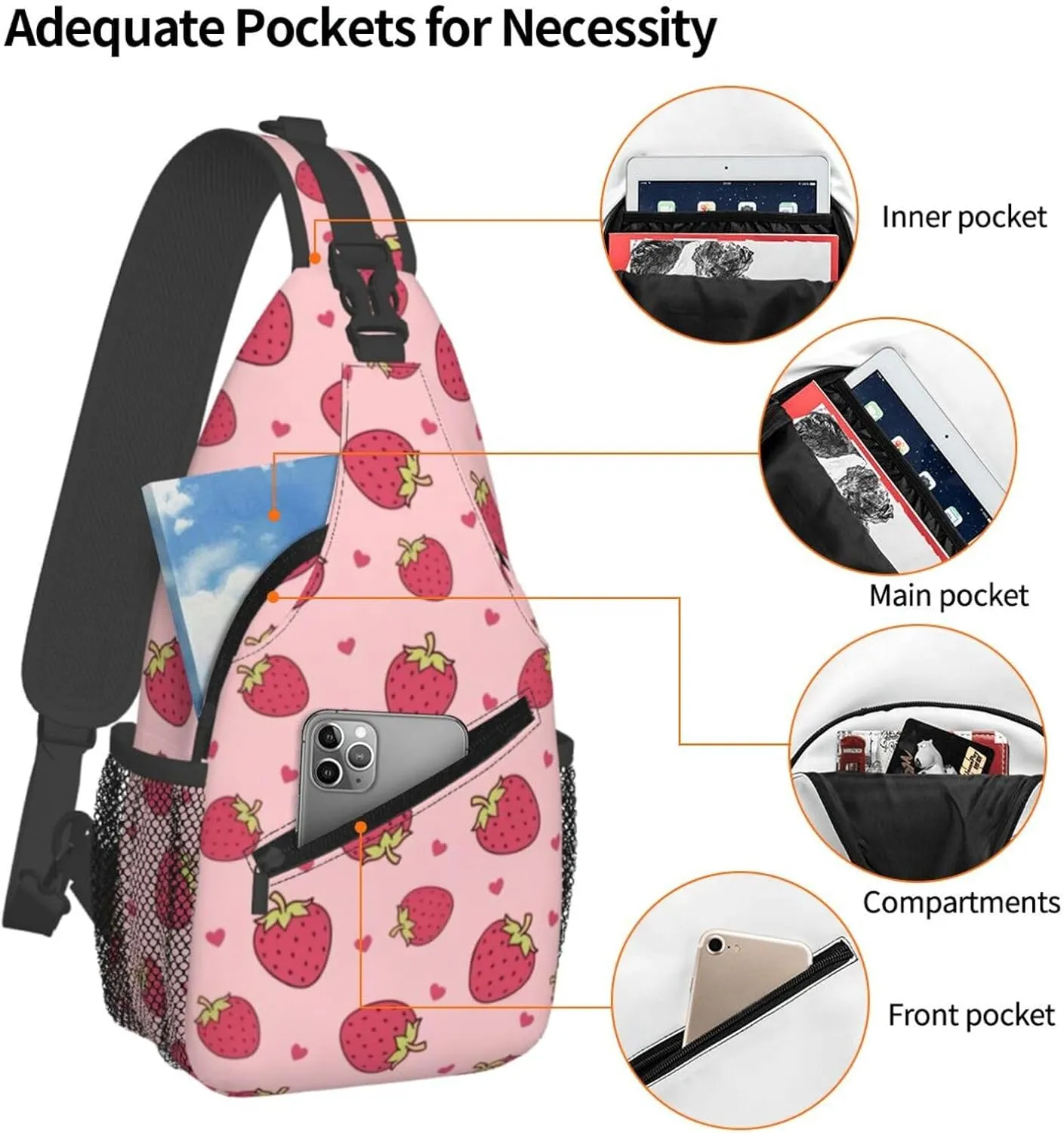 Cute Strawberry Print Sling Bags Crossbody Daypack Hiking Shoulder Strawberry Backpack for Women Men Travel Bag