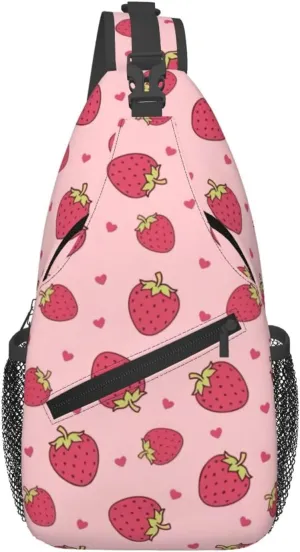 Cute Strawberry Print Sling Bags Crossbody Daypack Hiking Shoulder Strawberry Backpack for Women Men Travel Bag