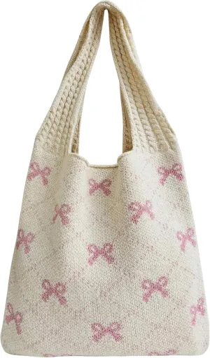 Cute Tote Bag for Teen Girls, Everyday Tote Bag for Women, Bow Aesthetic Knitted Boho Shoulder Bag Handbag, Crochet Pink Bow Bag