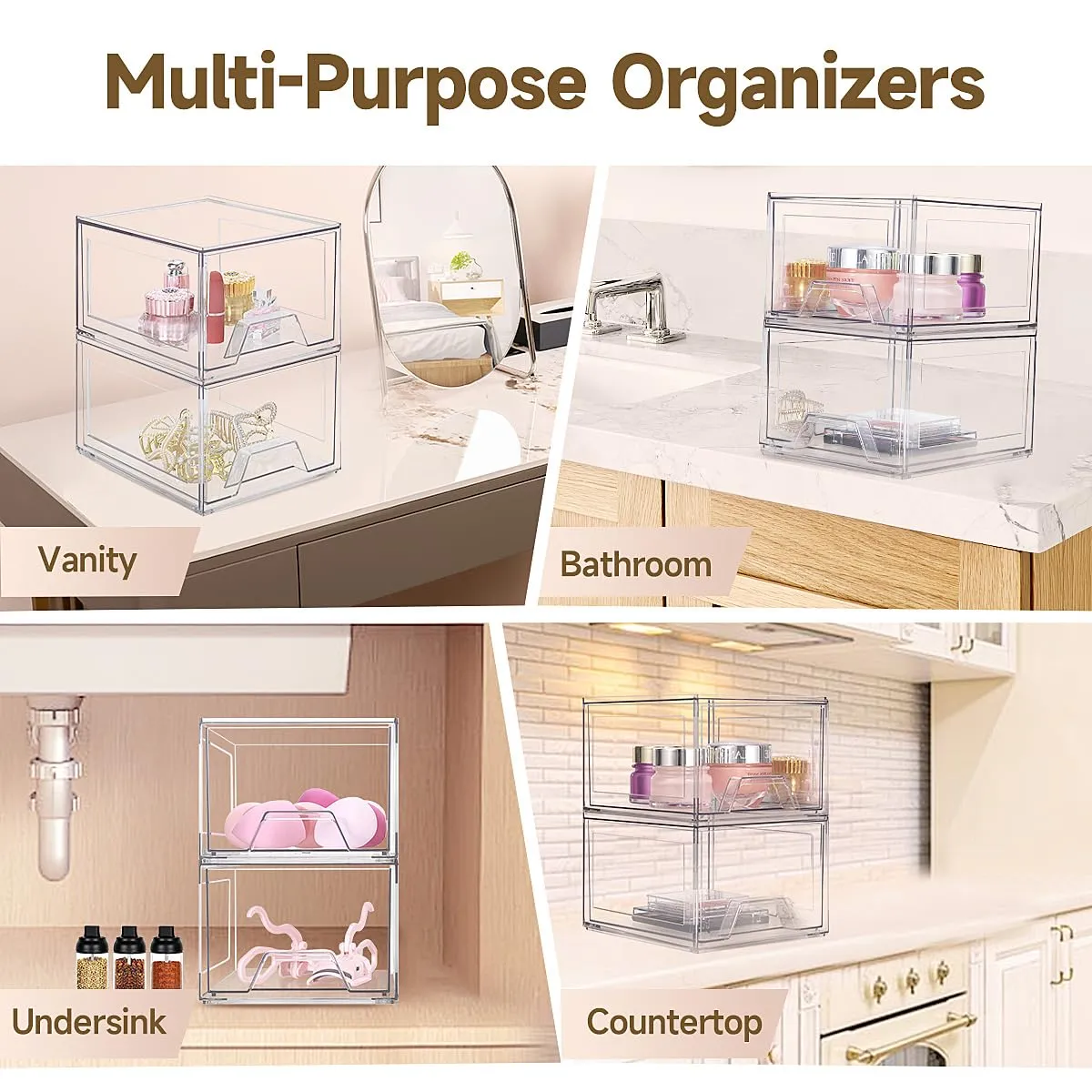 Damomo 2 Pack Stackable Organizer Drawers, 4.4" Tall Clear Bathroom Makeup Organizer and Storage, Acrylic Plastic Organizers Bins for Vanity, Undersink, Bathroom, Pantry, Kitchen Cabinets
