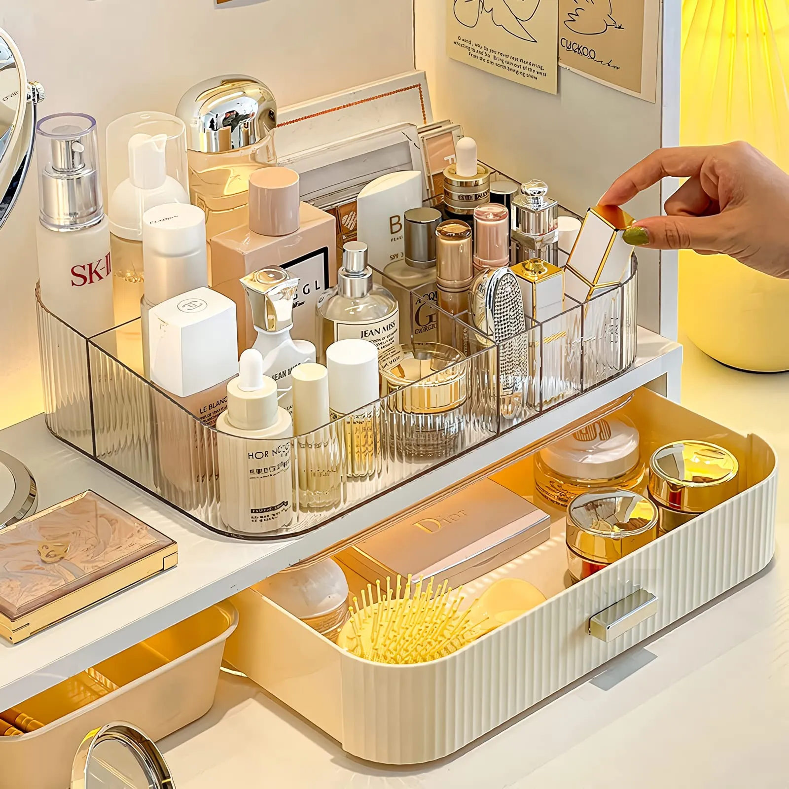 Decorcode Makeup Organizer With Stackable Drawer, Cosmetic Storage Display Case for Vanity, Bathroom Countertop or Dresser,Counter top Holder for Lipstick, Brushes, Lotions, Eyeshadow, Nail Polish