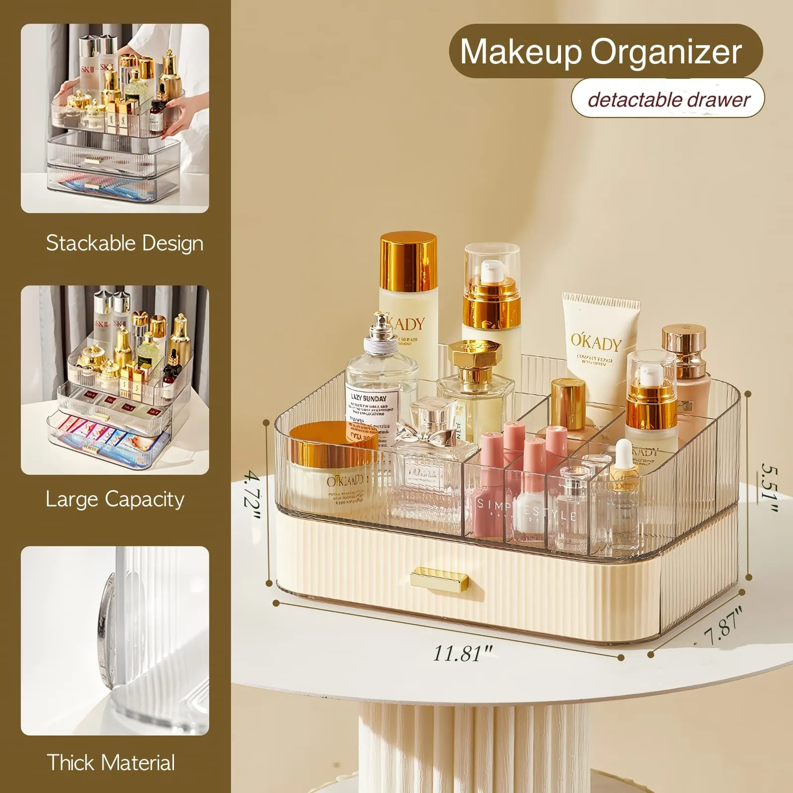 Decorcode Makeup Organizer With Stackable Drawer, Cosmetic Storage Display Case for Vanity, Bathroom Countertop or Dresser,Counter top Holder for Lipstick, Brushes, Lotions, Eyeshadow, Nail Polish