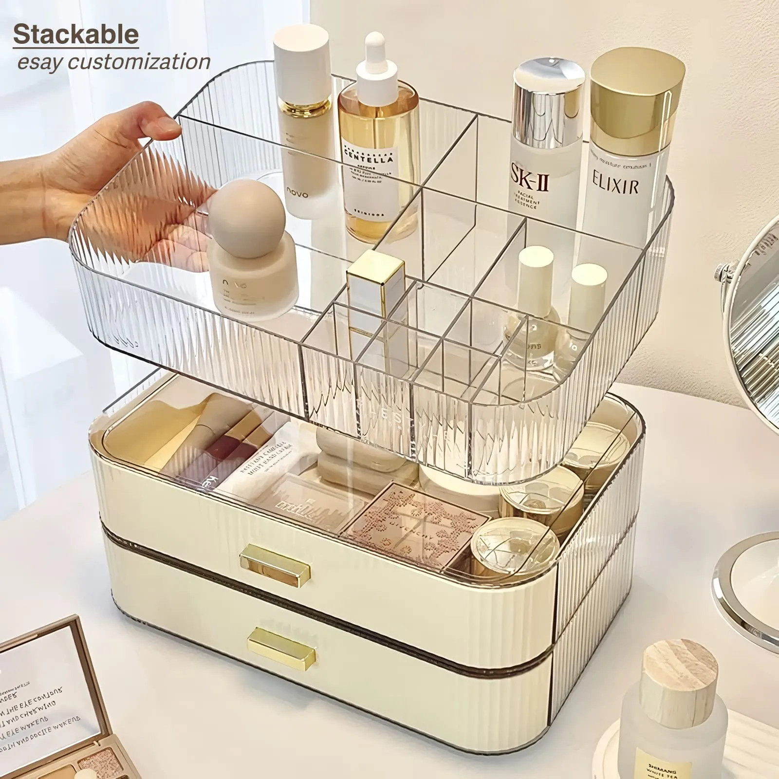 Decorcode Makeup Organizer With Stackable Drawer, Cosmetic Storage Display Case for Vanity, Bathroom Countertop or Dresser,Counter top Holder for Lipstick, Brushes, Lotions, Eyeshadow, Nail Polish