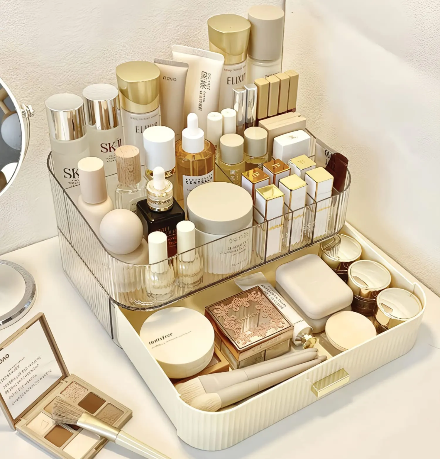 Decorcode Makeup Organizer With Stackable Drawer, Cosmetic Storage Display Case for Vanity, Bathroom Countertop or Dresser,Counter top Holder for Lipstick, Brushes, Lotions, Eyeshadow, Nail Polish