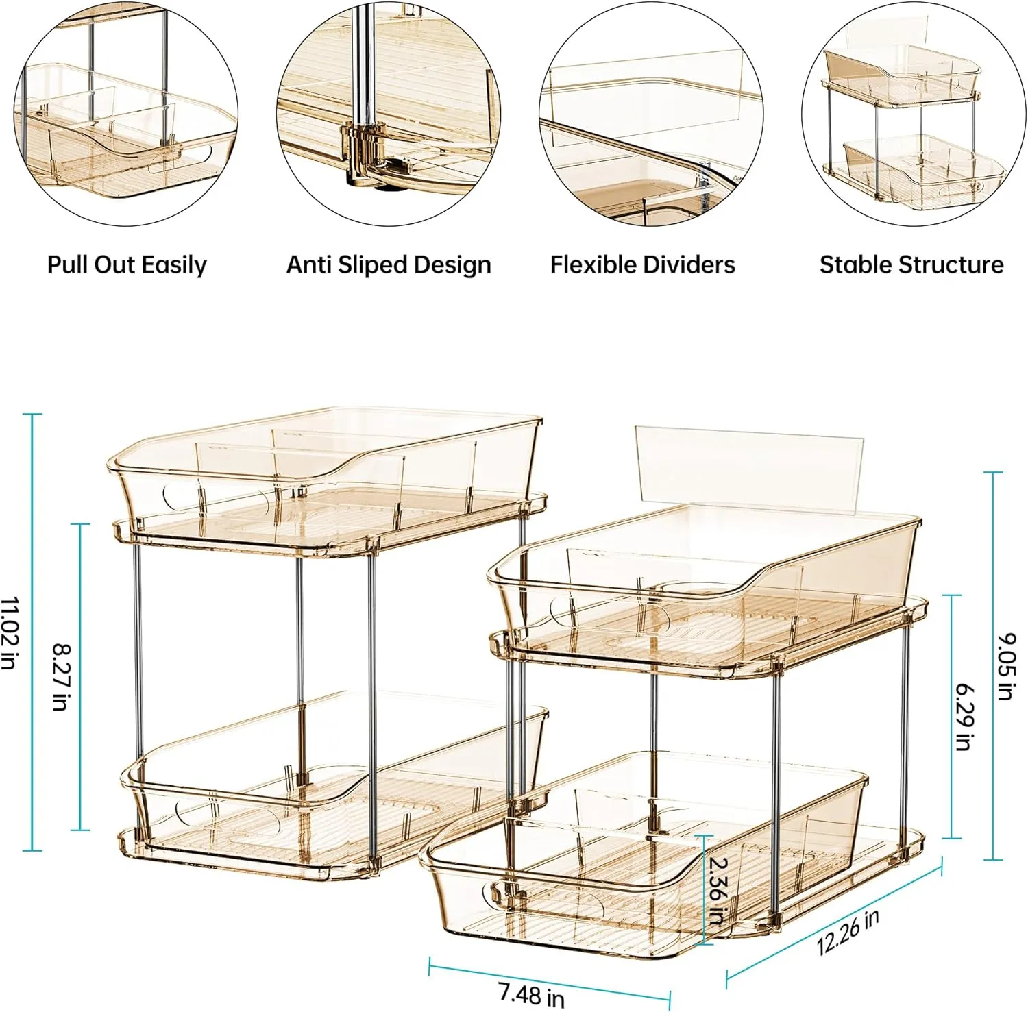 Delamu 2 Sets of 2-Tier Clear Under Sink Organizers and Storage, Multi-Purpose Stackable Bathroom Cabinet Organizers, Amber