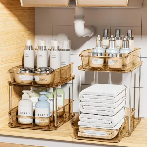 Delamu 2 Sets of 2-Tier Clear Under Sink Organizers and Storage, Multi-Purpose Stackable Bathroom Cabinet Organizers, Amber