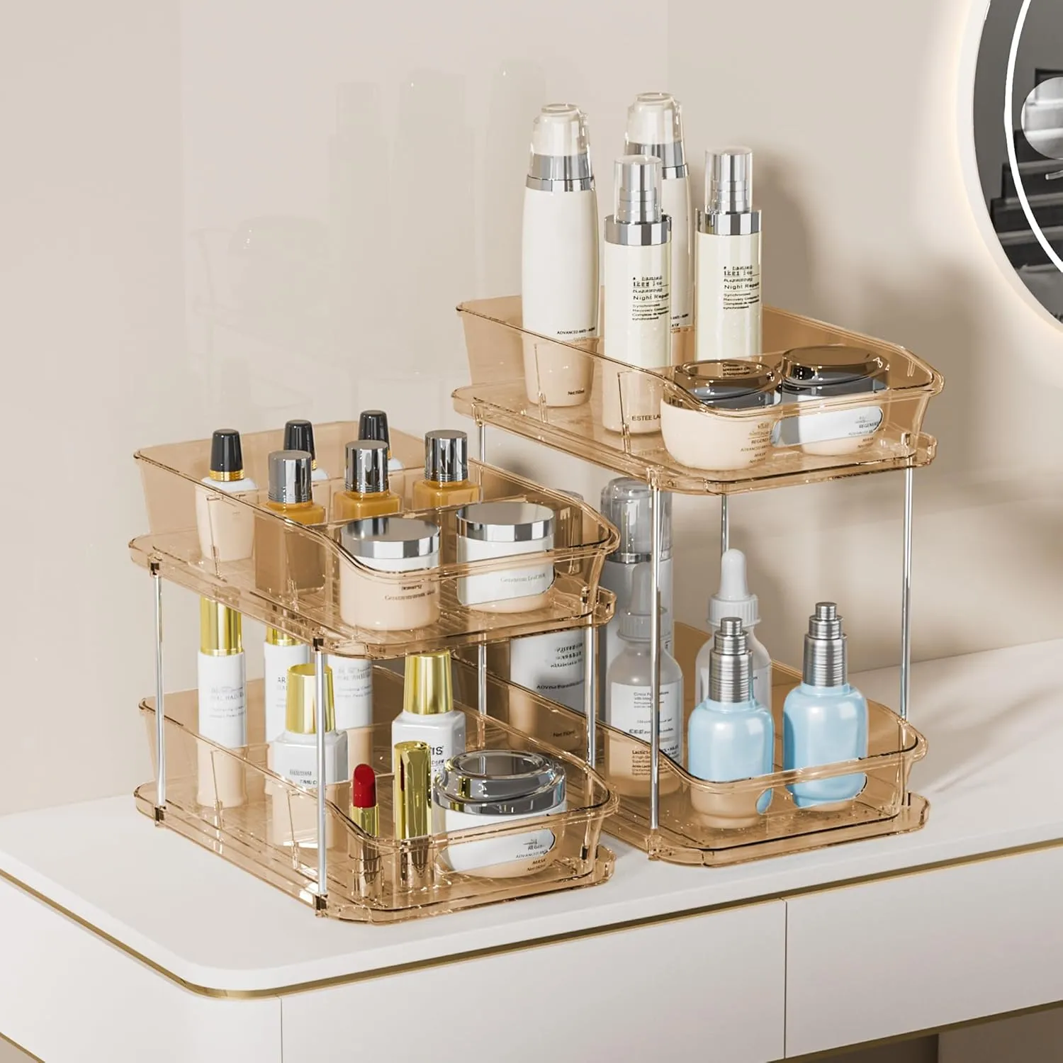 Delamu 2 Sets of 2-Tier Clear Under Sink Organizers and Storage, Multi-Purpose Stackable Bathroom Cabinet Organizers, Amber