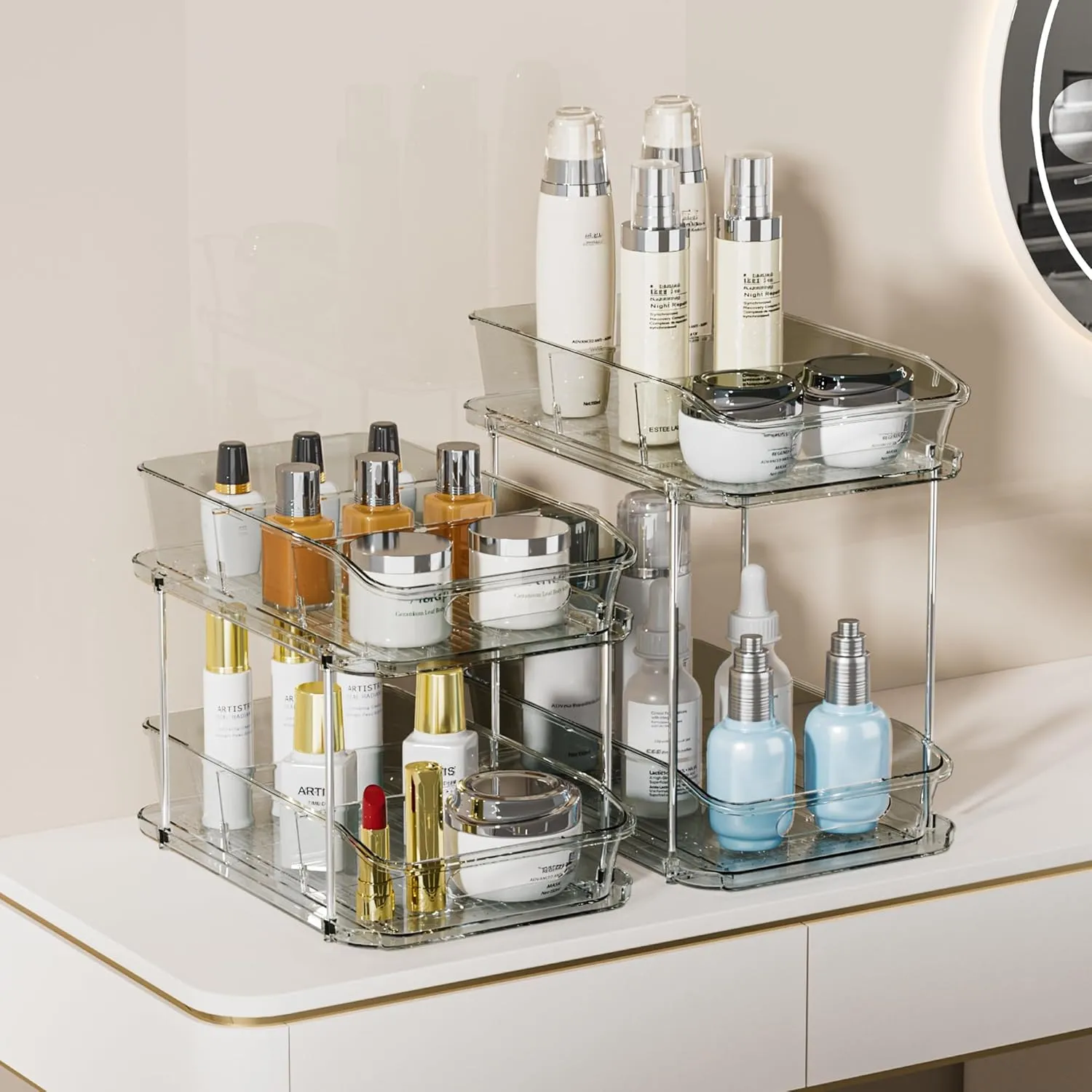 Delamu 2 Sets of 2-Tier Clear Under Sink Organizers and Storage, Multi-Purpose Stackable Bathroom Cabinet organizers, Grey
